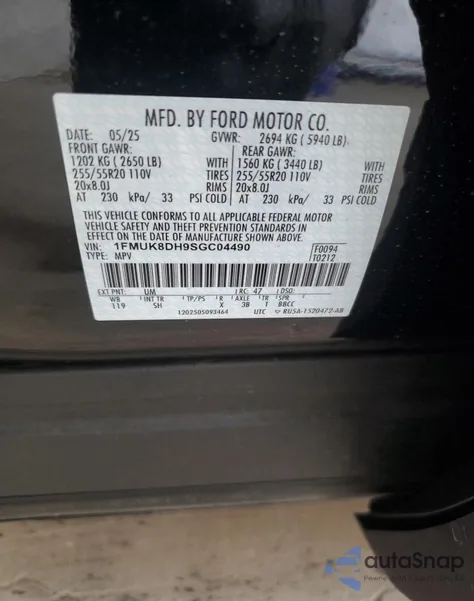 2025 Ford Explorer Active from USA, damaged, VIN 1FMUK8DH9SGC04490